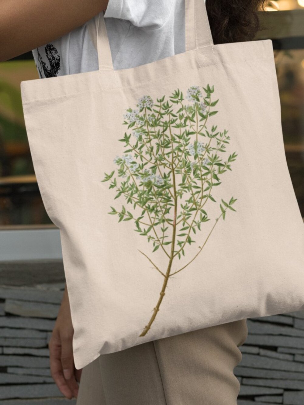 Garden Thyme Vintage Floral Print Graphic Canvas Tote Bag